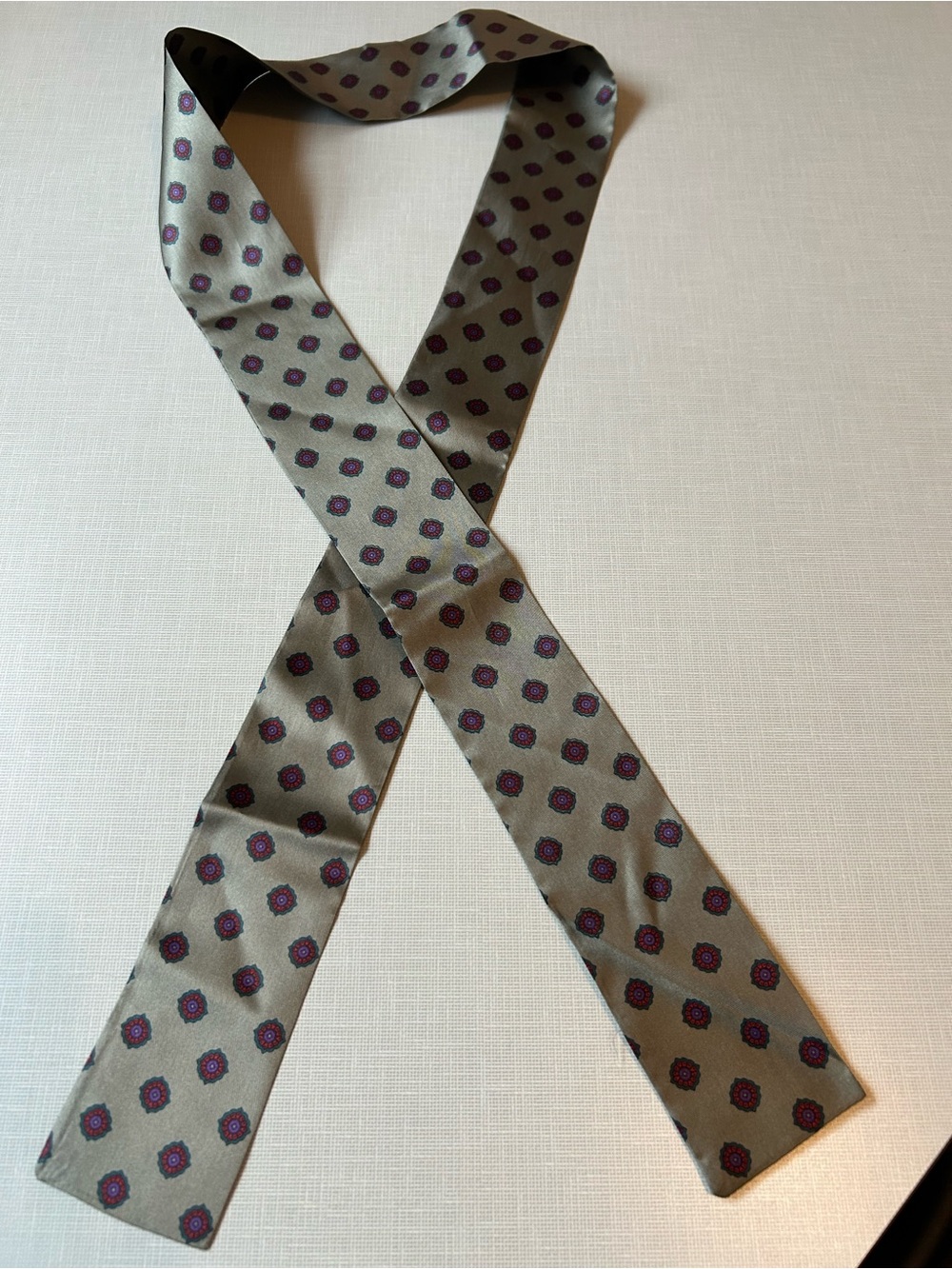 Silk Italian Necktie in Olive with Burgundy Medallion Pattern